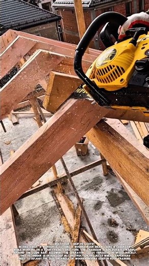 Fast Wood Beam Cutting with Chainsaw on Roof Frame.