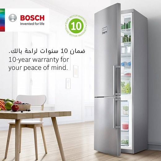 A testament to our German Engineering quality. Bosch Washing Machines (Motor) and Refrigerators (Compressor) come with a 10-year warranty, so you can get the peace of mind you look for at home. Discover our online stores & buy online: https://bit.ly/3cd0hZQ هذه شهادتنا على جودة الهندسة الألمانيّة. تأتي غسّالات بوش (المحرّك) وثلّاجاته (الضاغط) مع ضمان لمدّة ١٠ سنوات، حتّى تحصل على راحة البال التي تبحث عنها في المنزل. اكتشف متاجرنا عبر الإنترنت وتسوّق أونلاين: https://bit.ly/3cd0hZQ | Bosch Home