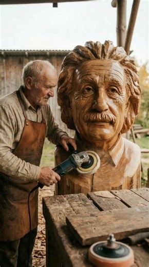 The process of making a wooden Einstein sculpture.