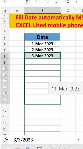 #shorts Fill Date automatically MS EXCEL Used mobile phone #youtubeshort