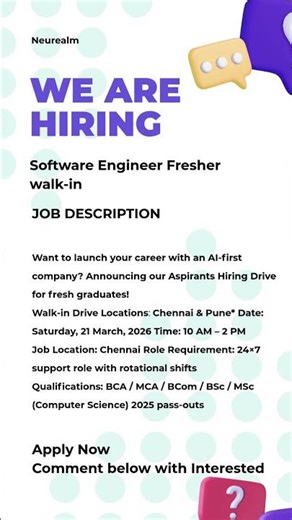 🚀 Software Engineer Fresher Walk-in 2026 | Neurealm Hiring | Chennai & Pune #shorts #itjobs #career