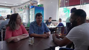 Group of friends talking seated in restaurant. Young men and woman interacting inside traditional South American cafeteria