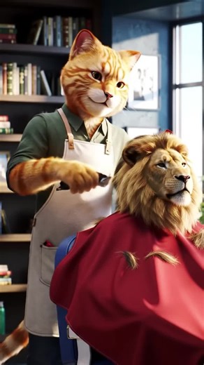 Cat Gives Lion a Unique Haircutting Experience