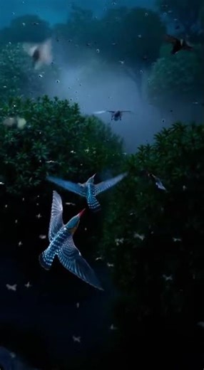 Blue Night Hunters: Birds Chasing Fireflies in the Fog.#birdlovers,#nature.#nightnature,#flightshot