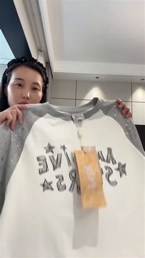 F426国潮牌夏季新款美式星星烫银拼接插肩袖长袖T恤 花色 花灰撞白 M