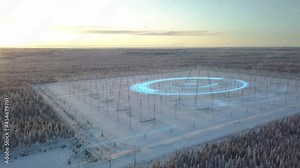 Field of Antenna Arrays receiving transmission from space, winter sunset - 3d animation