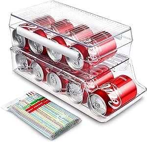 Anpro 2 Pack Soda Can Organizer for Refrigerator, 2-layer Stackable Beverage Dispenser with Lid, Automatic Rolling Beer Soda Can Holder for Fridge, Pantry, Includes 200 Straws and 4 Slot Strip