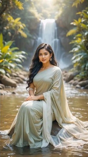"Village women Plus Size Beauty in Saree by the Waterfall – Nature’s Embrace"