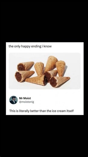 Johnny Bravo Explains Memes on Instagram: "Hey everyone, Johnny here to explain. This meme humorously taps into a nearly universal ice cream lover's experience: the pure joy of reaching the very bottom of a chocolate-dipped ice cream cone, where the last bite is a perfect combination of crunchy waffle cone and solid or melted chocolate — often considered the best part of the treat. The image shows just those cone tips, separated from the rest of the ice cream, symbolizing this “happy ending” tha