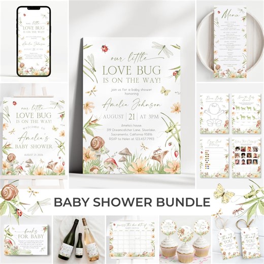 Love Bug Baby Shower Bundle | Insect Baby Shower Invitation Set | Little Love Bug Baby Shower Decor | Floral Bugs Shower Game Package | SB13 - Etsy