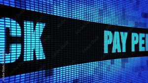 Pay Per Click Side Text scrolling on Light Blue Digital LED Display Board Pixel Light Screen Looped Animation 4K background. Sign Board , Blinking Light, Pixel Monitor, LED Wall Pannel
