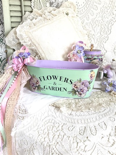 Shabby Chic Pansies Jadeite Green Metal Planter, Victorian Pansy Floral Decor, Cottage Garden Storage - Etsy