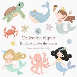 Mermaid Clipart, Cute Mermaid PNG, Sea Animals, Seahorse, Dolphin, Seashell, Starfish, Commercial Use, Birthday - Etsy