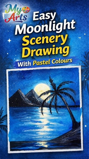 Beautiful Moonlight Scenery Drawing With Pastel Colours | Easy Night Drawing #shorts