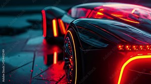 A closeup of a selfdriving car with glowing red LED lights on its front and sides highlighting its advanced technology and modern capabilities.