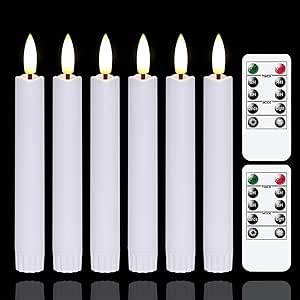 Battery Operated Flameless Taper Candles with Two Remote Timer, 6.4" LED 3D-Wick Window Candles, Flickering Long-Lasting Warm Light Electric Pack of 6 Flameless Candlesticks (0.78" Dia, White)