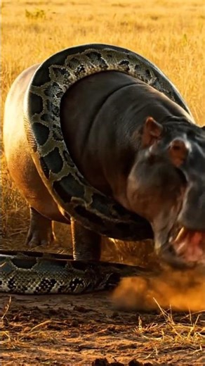 Big Python Attacked Hippopotamus and Rescued