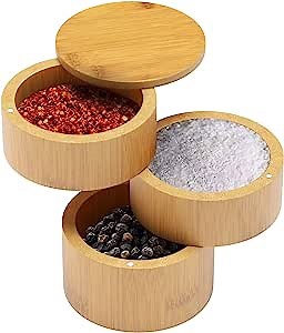 3 In 1 Bamboo Salt and Pepper Box - Wooden Salt Jar Spice Holder Container With Magnetic Swivel Lid Wood Triple Cellar Bowls Storage