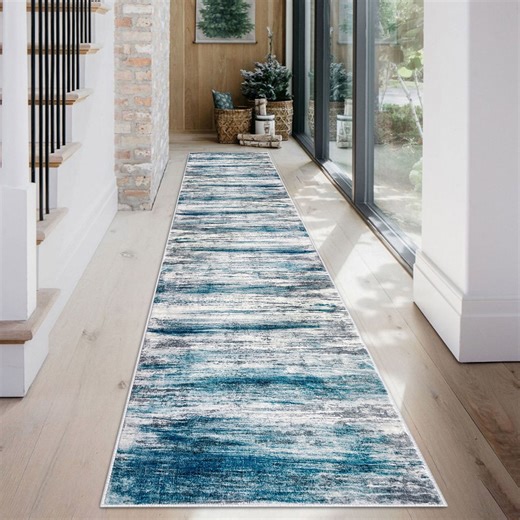 iOhouze Kitchen Runner Rug 2x12 Washable Rug Runner Non-Slip Soft Striped Hallway Runner Rugs, Grey Blue Print Distressed Carpet Runner for Entryway Bathroom Laundry Room Foyer