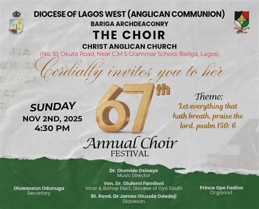 5.6K views · 83 reactions | Organworship Presents 67TH ANNUAL CHOIR FESTIVAL OF THE CHOIR CHRIST ANGLICAN CHURCH BARIGA. DATE: SUNDAY 2ND NOVEMBER, 2025.TIME: 4:30PM | Organworship | Facebook