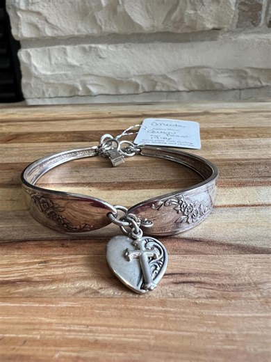 Repurposed Queen Bess Silverware Bracelet, Sterling Heart Cross Charm - Etsy