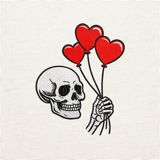 Skull Holding Heart Balloons Embroidery Design, Gothic Valentine Skeleton Machine File, Love Never Dies Digitized Pattern for Romantic Gifts - Etsy