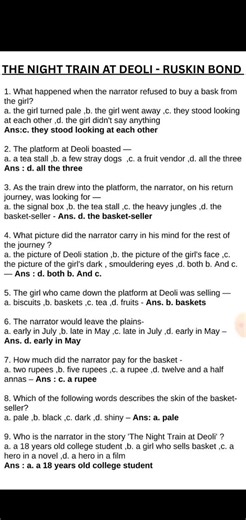 The Night Train At Deoli class 12 mcq| Important MCQ Part 1 Class 12 semester 3 #class12 #semester3