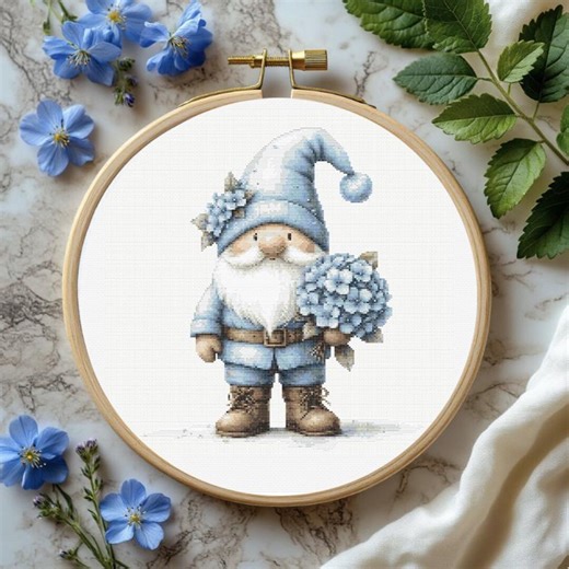 Gnome Cross Stitch Pattern: Fairy Gnome With Hydrangea (PDF) - Etsy