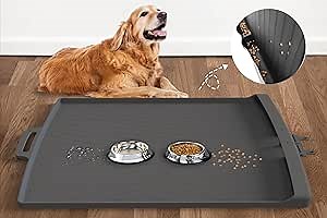 Dog Cat Food Mat, 36" X 24" Dog Mat for Food and Water, Waterproof Silicone Pet Bowl Mat, Large Pet Feeding Mats with Residue Collection Pocket, Pet Mat with High Edges to Prevent Water Food Spills