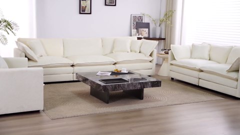 L-Shaped Cloud Sofa Convertible Modular Sectional Couch with Movable Ottoman, Deep Seat Chenille Upholstery Corner Sofá 4-Seater Minimalist Sofa&Couch w/Reversible Chaise and 6 Pillows for Living Room