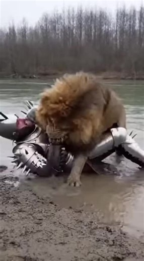 An epic battle unfolds between a lone knight and a powerful lion in a vast, muddy plain. Watch as the knight, armored in gleaming white medieval plate, faces off against the ferocious predator. With his spiked armor and unwavering resolve, the knight grabs the lion’s jaws in a desperate fight for survival. The mud splashes with every brutal struggle, the tension rising as the knight uses all his strength to hold the beast at bay. In a fight where every move counts, the battle becomes a test of w