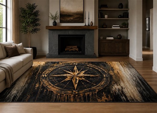 Nautical Compass Rose Area Rug, Black Gold Vintage Carpet - Etsy