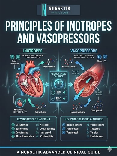 In critical care, not every drug that increases blood pressure works the same way. Understanding the difference between inotropes and vasopressors is essential for nurses, medical students, and anyone working in the ICU. 🔹 Inotropes mainly increase the force of myocardial contraction, helping the heart pump blood more effectively. They are commonly used in conditions like cardiogenic shock, heart failure, and low cardiac output states. Examples include Dobutamine and Milrinone. 🔹 Vasopressors 