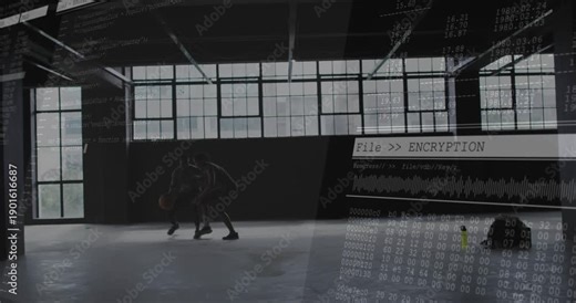 Woman starting dribble, defender mirroring and training while encryption code appearing beside gear