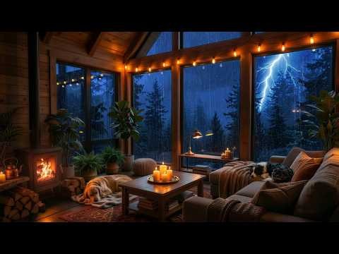 Powerful Rainstorm, Thunder & Warm Fireplace 🌧️🌩️ | Sleep Ambience