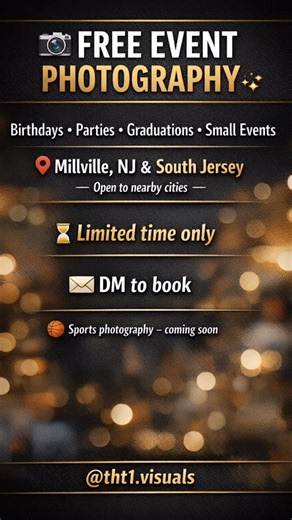 Taylor 📸 on Instagram: "Building my portfolio 📸 I’m currently offering FREE event photography for a limited time. 📍 Millville, NJ & South Jersey (open to nearby cities) 🎉 Birthdays | 🎓 Graduations | 🎈 Parties | Small events 📩 DM @tht1.visuals to book 🏀 Sports photography — coming soon @tht1.visuals @tink.2unknown_"