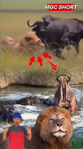 😱 Kuda Nil Menganga Lebar, Induk Kerbau Lindungi Anaknya Saat Singa Mengintai! #animals #shorts