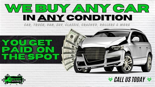 💵 WE’LL BUY YOUR CAR — ANY CAR! 💵 Need to sell your car fast? BYOT Auto Parts will buy any car, truck, van, SUV or classic — even if it’s damaged or doesn’t run. ✅ Instant cash ✅ FREE towing if we buy your vehicle ✅ No hassle, no waiting 📞 Visit BYOT Baton Rouge and get your offer today! 💰 ¡COMPRAMOS TU CARRO — CUALQUIER CARRO! 💰 ¿Necesitas vender tu carro rápido? BYOT Auto Parts compra cualquier carro, troca o SUV — aunque esté dañado o no funcione. ✅ Pago inmediato ✅ Remolque GRATIS si co