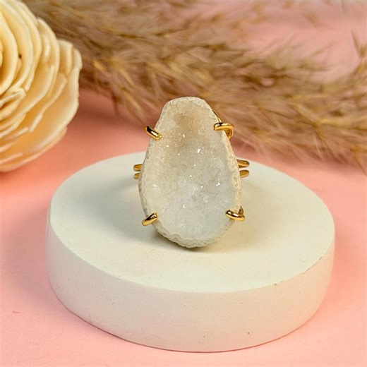Geode Druzy Ring for Women, Natural Crystal Slice Statement Ring, Gold Plated Brass Adjustable Band, Handmade Boho Jewelry Gift - Etsy