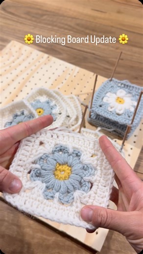 The blocking board I made before Christmas is finally in use! However as you can see in the video, I need to change the wooden sticks to metal ones or at least more solid wooden ones instead, as once I put multiple squares on, the top ones aren’t at the tension I want to keep them taught and square ready for sewing together. Let me know what you think or recommend if you’ve had experience with blocking boards ⬇️ 💛 | Alexis & FINN