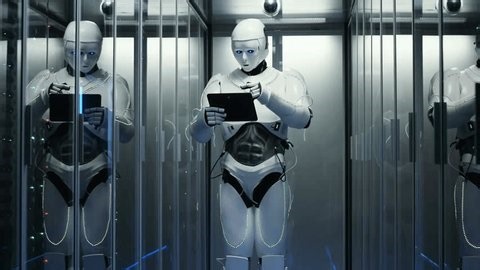 clip-4031166989-white-glowing-android-robot-walks-through-server