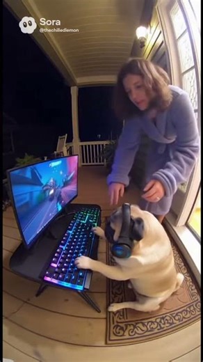 Pug playing gaming computer at night (Sora)