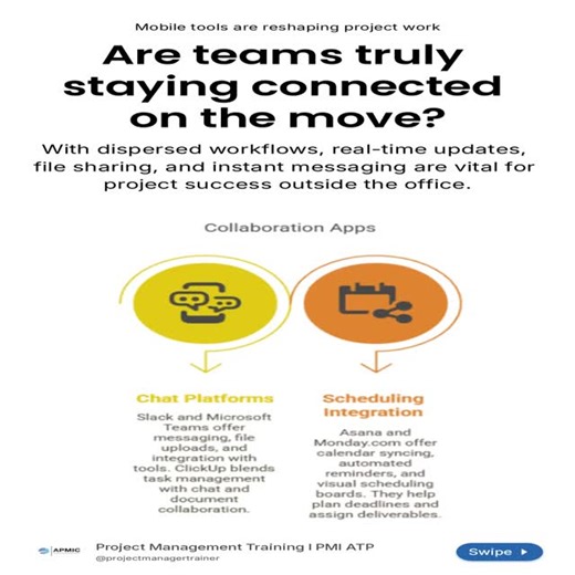 APMIC | Accredited Project Management Training PMI ATP on Instagram: "Mobile collaboration tools are essential for remote and hybrid project teams. Real-time task updates, synced file sharing, and fast mobile communication keep teams aligned across time zones and dispersed workflows. Project execution now depends on tools that support decision-making and coordination without requiring a desktop.⁠ ⁠ Modern mobile-first apps streamline task tracking, deliver push alerts, and support shared dashboa