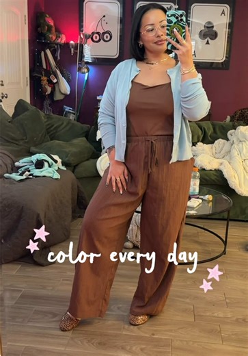 I enjoy getting dressed everyday when I get to play with color! ✨💗 also love love these @PUMA leopard ballet flats!! 🤌🏽 also obsessed with the new Brent album 😭💗 . . . #creatorsearchinsights outfit of the day / color theory outfits inspo ideas / light brown and blue outfits / work outfits corporate comfortable / easy outfit ideas color combinations / puma leopard speedcat ballet flats outfit / #midsize midsize outfit ideas inspo