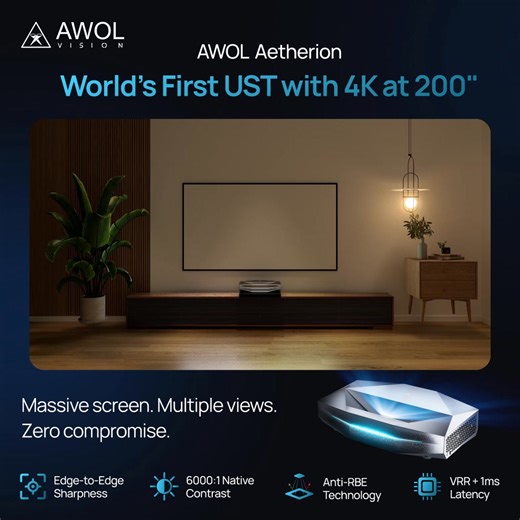 ⚡ 2026 UST Projector Game-Changer 🔥 Our best offer starts now. Lock in the best price before launch. 💫 Step into next-level home cinema with AWOL Aetherion — now open for early reservation. ✅ World’s 1st VRR UST: Smooth, Tear-Free Gaming ✅ PixelLock™ Technology: Edge-to-Edge Sharpness ✅ Industry-1st DLC Lens: Cinema-Grade Glass Optics ✅ Anti-Rainbow Tech: Pure Color & Eye Comfort 🛒 Reserve early to secure the best offer. | AWOL Vision