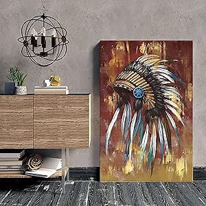 RyounoArt Native American Canvas Art Indian Chief Painting Wall Decor Rustic Southwest Pictures Gallery Wrapped 24"x36"