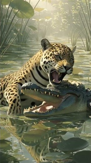 Epic battle: jaguar vs. alligator in the wild river.