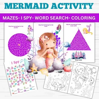 Mermaid Themed Activity Set Mazes Coloring Worksheets Word Search Games