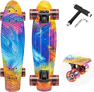 Skateboard, Complete Mini Cruiser Skateboard 22’’, for Teens Beginners Professional, with Colorful LED Lights, PU Wheels and Matching T-Tools