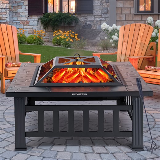 Fire Pits for Outside, 32" Wood Burning Fire Pit Tables with Screen Lid, Poker, BBQ Net, Ice Tray, Food Clip and Cover, Backyard Patio Garden Outdoor Fire Pit/Ice Pit/BBQ Fire Pit, Black